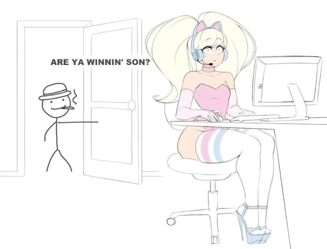 Are ya winnin’ son Мем, где отец спрашивает: "Ты выигрываешь, сынок?" трансгендерную девушку, играющую за компьютером.