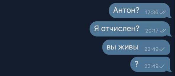 Антон, я отчислен? Вы живы? Антон, я отчислен? Вы живы? Скриншот переписки с вопросами
