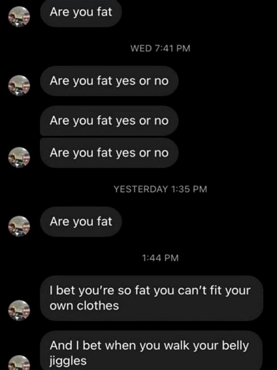 Are you fat yes or no Скриншот переписки, где пользователь многократно спрашивает «Are you fat?» и издевается над собеседником.