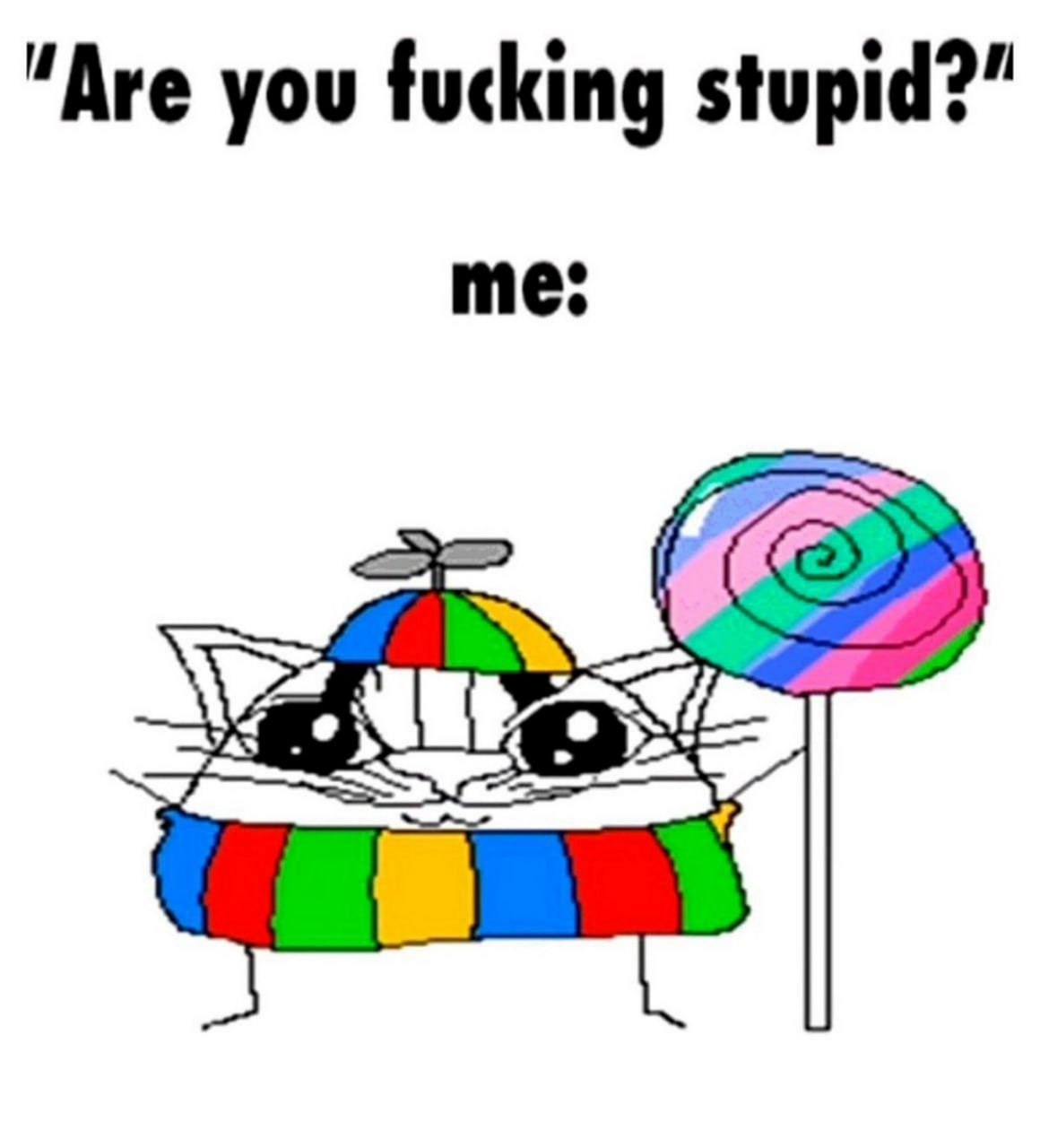 Are you fucking stupid? me Кот в шапке-пропеллере с леденцом и надписью "Are you fucking stupid?" и "me"