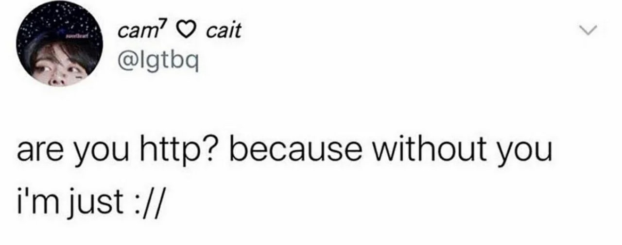 Are you http? Because without you i'm just :// Мем про "Are you http? Because without you i'm just ://"