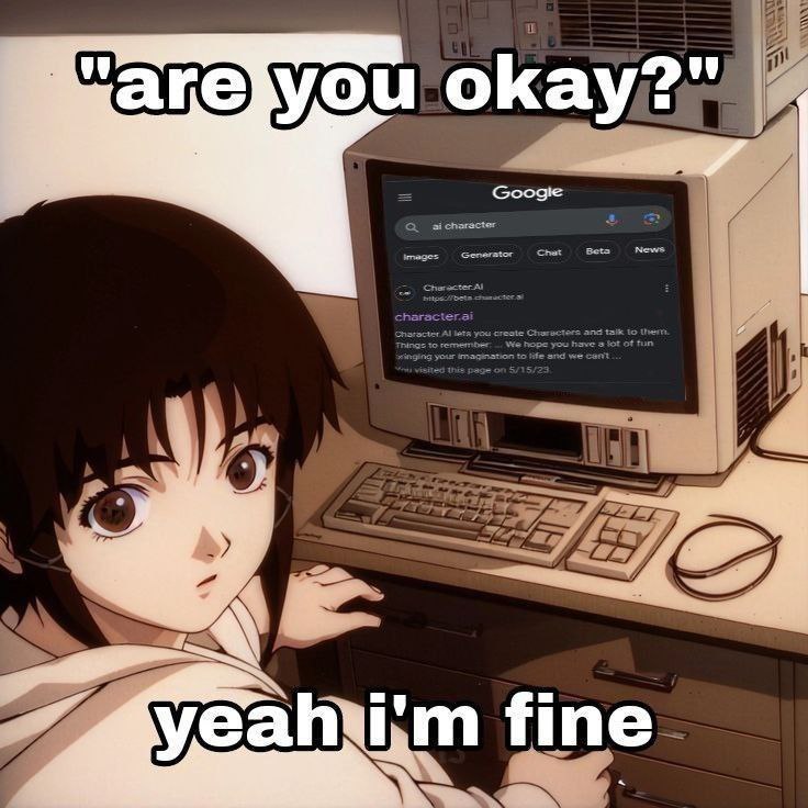 Аниме девушка за компьютером смотрит на Character.AI и говорит "Я в порядке"
