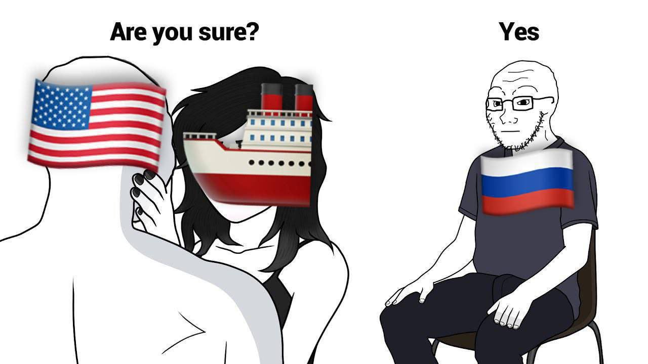 Мем «Are you sure? Yes» с флагом США, кораблем и флагом России