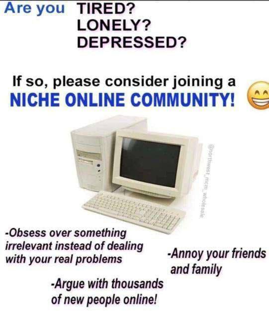 Are you TIRED? LONELY? DEPRESSED? Мем Are you TIRED? LONELY? DEPRESSED? с призывом присоединиться к онлайн-сообществу и старым ПК