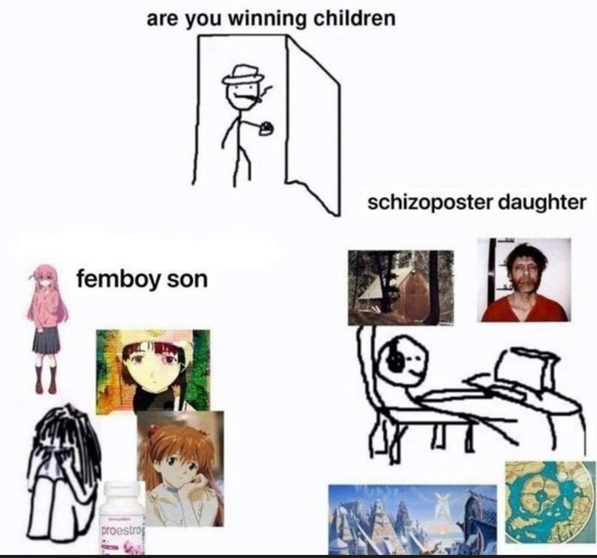 Are you winning children Мем с вопросом «Are you winning children» и изображением «femboy son» и «schizoposter daughter»