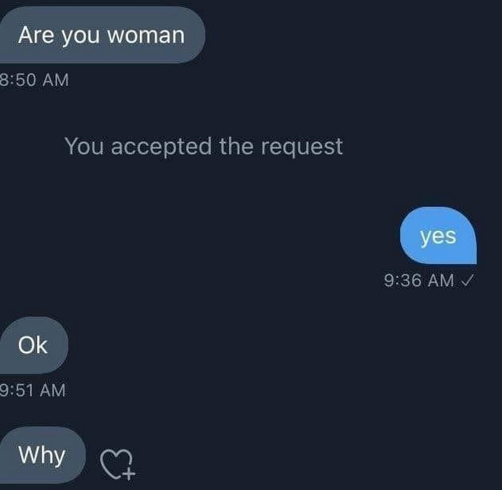 Are you woman Переписка в мессенджере с вопросом "Ты женщина?" и странными последующими сообщениями