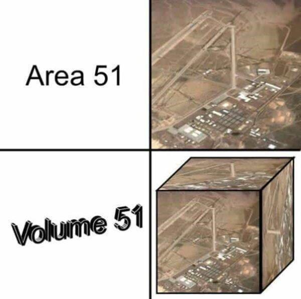 Шутка про Area 51 и Volume 51: секретную базу превращают из плоской площади в объёмный куб.