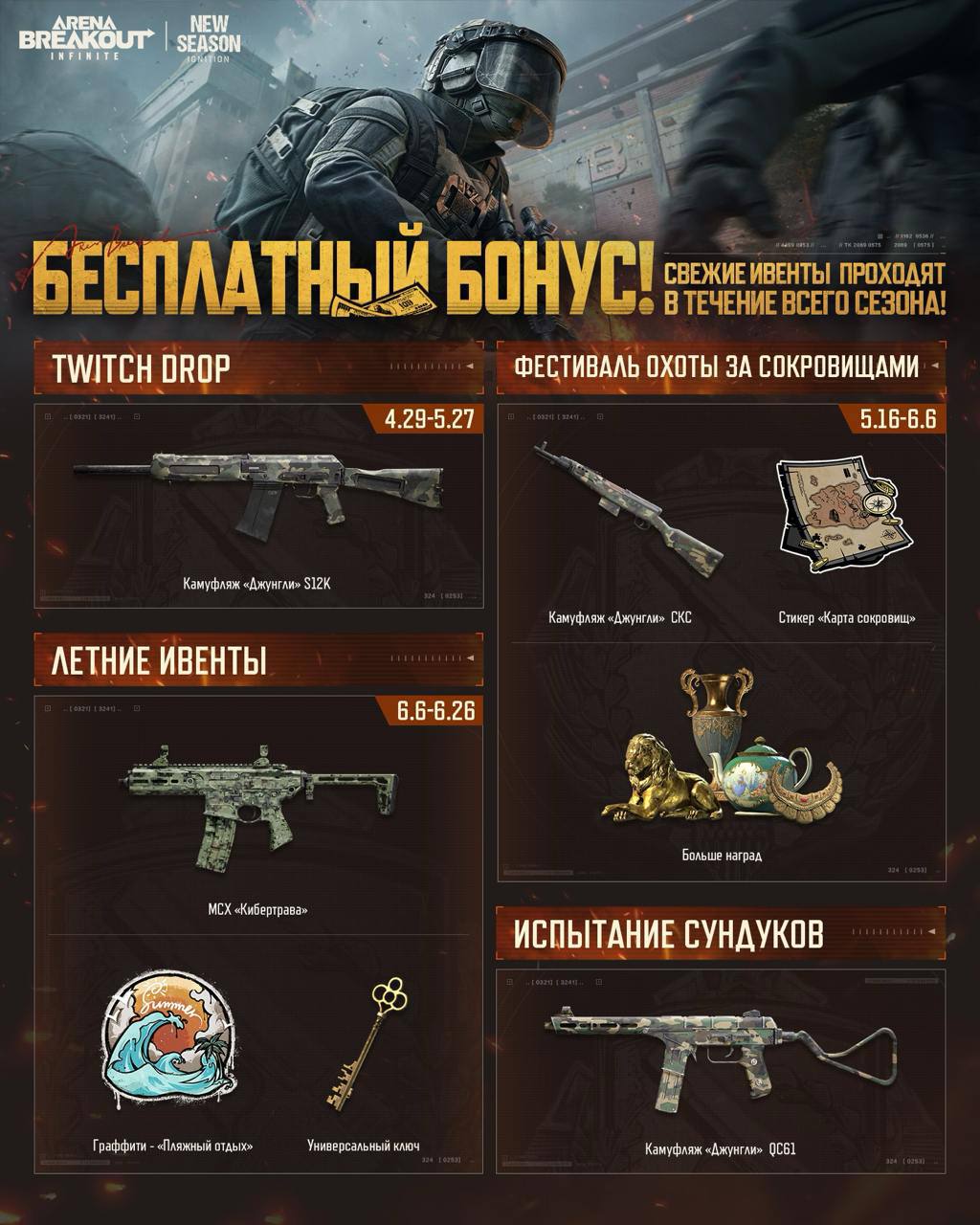 Анонс событий нового сезона Arena Breakout Infinite Постер игры Arena Breakout Infinite с анонсом нового сезона и событий