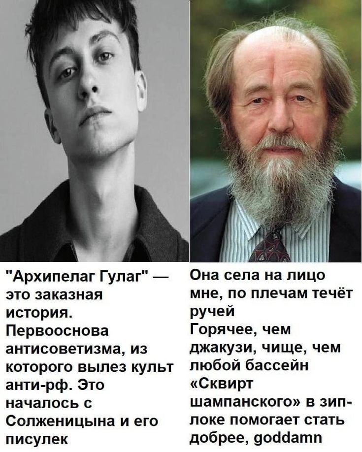 Архипелаг ГУЛАГ и Она села на лицо Мем, сравнивающий критику "Архипелага ГУЛАГ" с отрывком из нецензурной песни