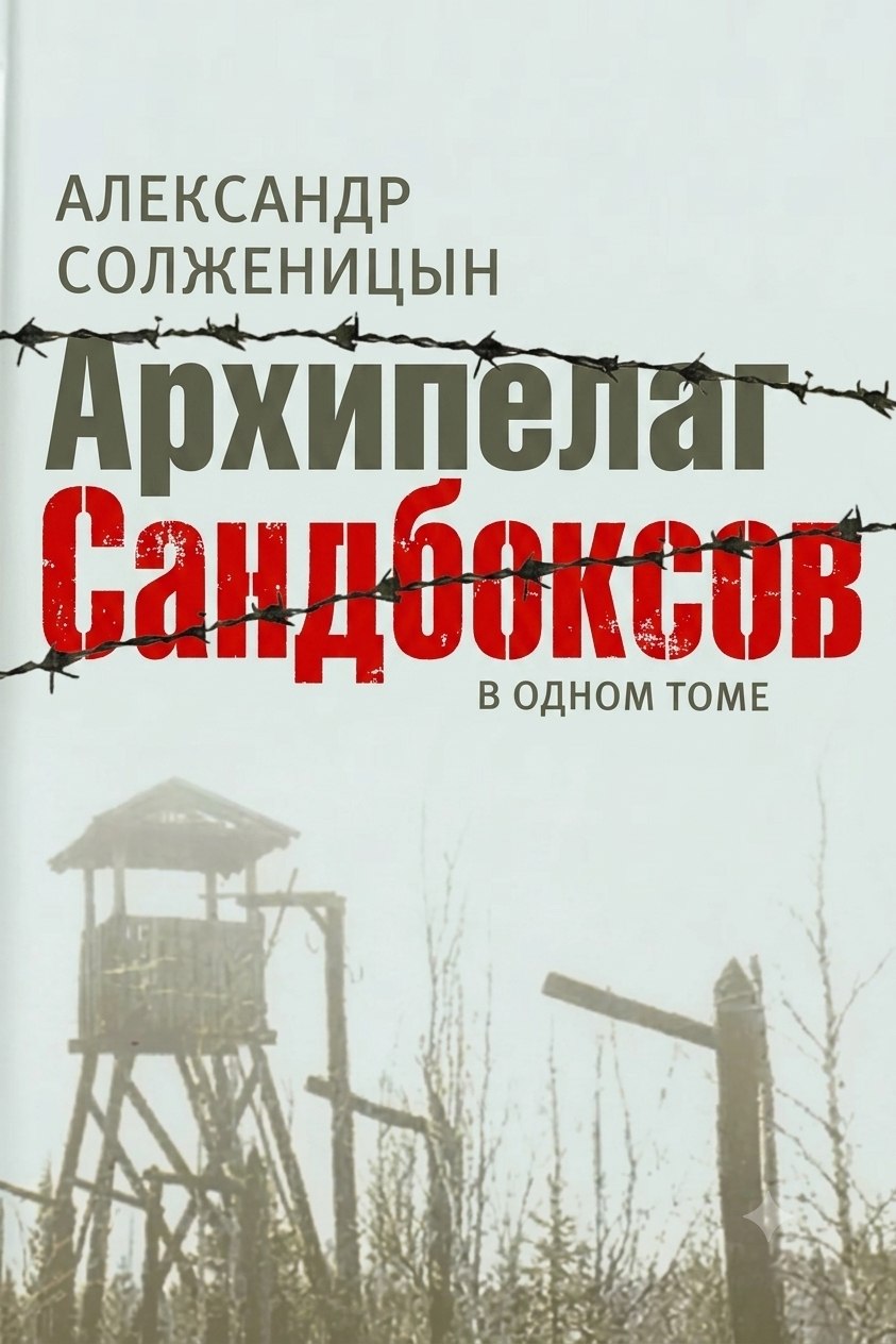 Обложка книги Александра Солженицына «Архипелаг Сандбоксов в одном томе» с колючей проволокой и лагерной вышкой