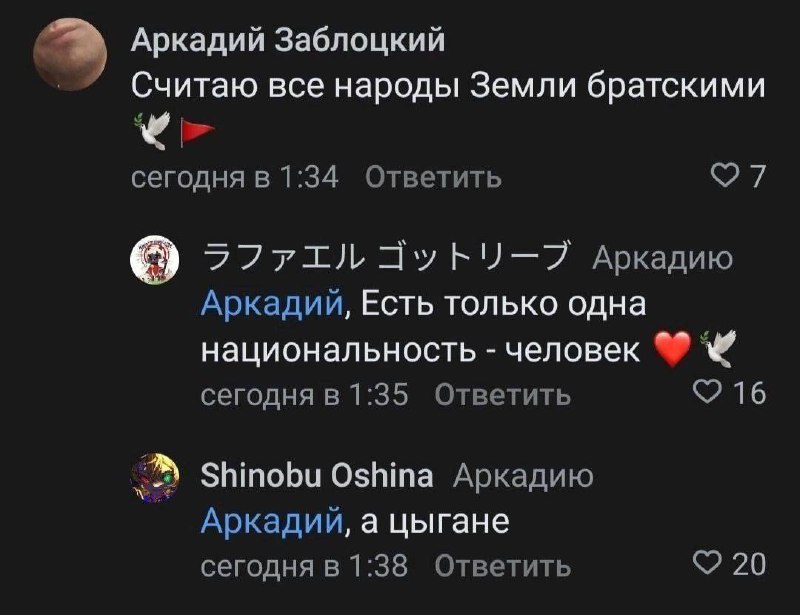 Аркадий, а цыгане Мем с перепиской, где пользователь спрашивает: Аркадий, а цыгане, в ответ на то, что Аркадий считает все народы Земли братскими, а еще один пользователь написал, что есть только одна национальность - человек