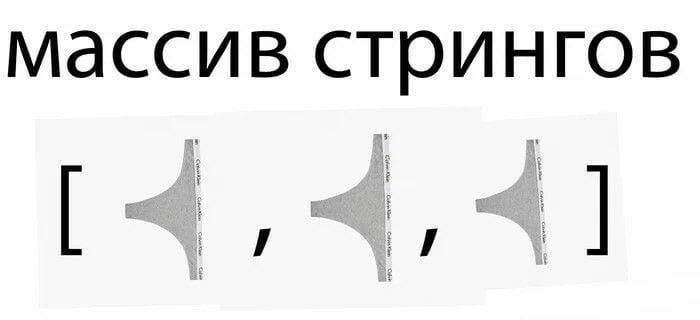 Массив стрингов Мем, где массив строк (string) показан как массив стрингов (трусов-стрингов), создавая забавную игру слов.