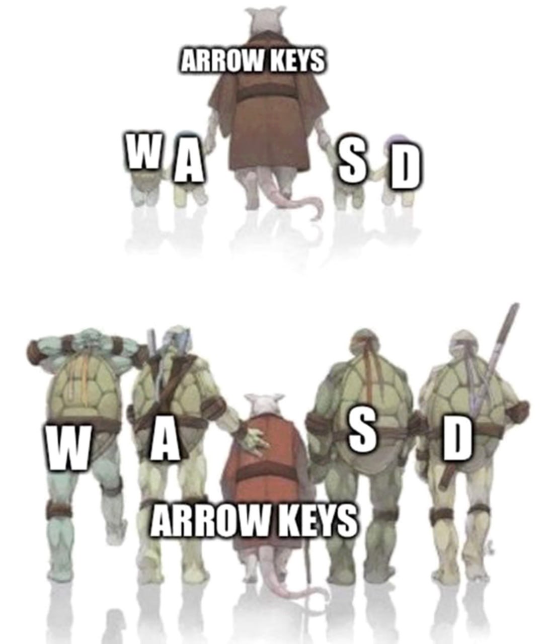 Arrow keys WA SD Медленно идущий учитель Сплинтер с юными черепашками ниндзя и выросшие черепашки ниндзя, которые ведут старого учителя Сплинтера.