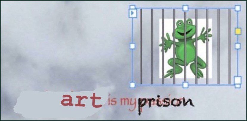 Зелёная лягушка за решёткой с надписью «art is my prison» — «искусство — моя тюрьма».