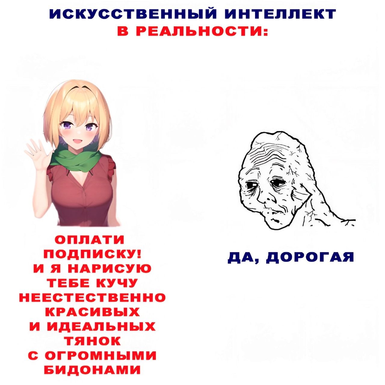 Аниме-девушка и грустный wojak с подписью про искусственный интеллект в реальности и платную подписку