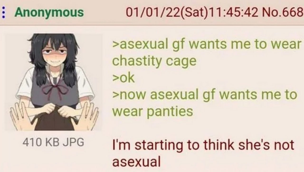 Asexual gf wants me to wear chastity cage Мем с анонимным постом на 4chan о девушке, которая просит носить пояс верности и трусики, несмотря на то что она "асексуальна"