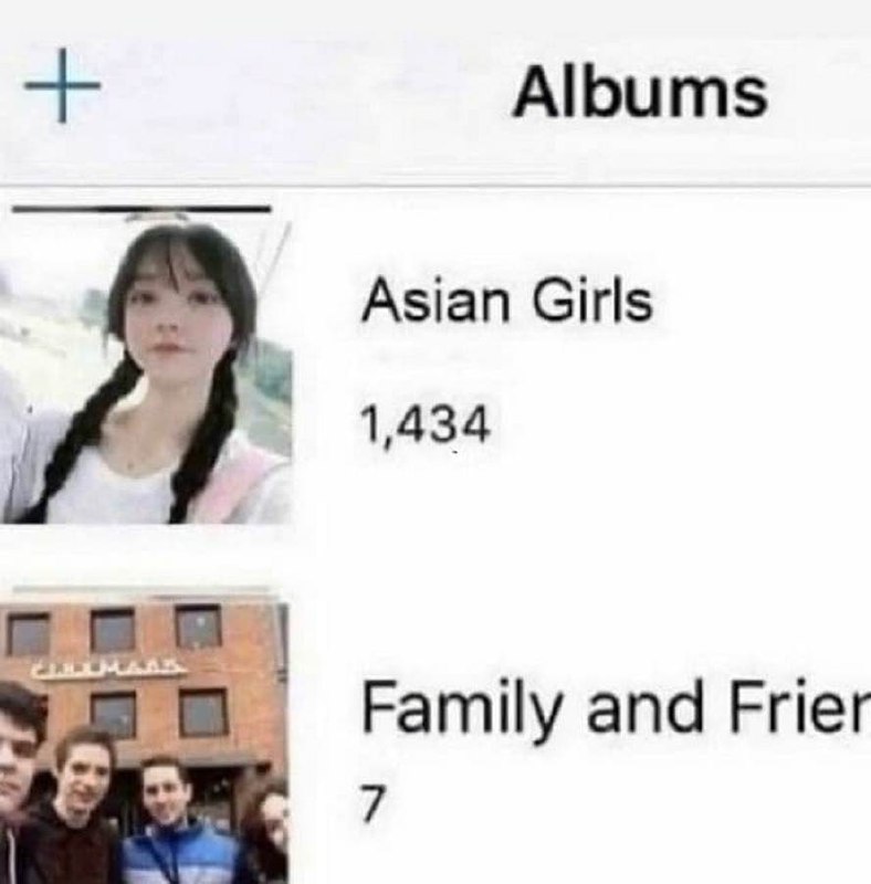 Мем с папкой Asian Girls Мем, где пользователь предпочитает коллекционировать изображения азиатских девушек вместо фотографий семьи и друзей.