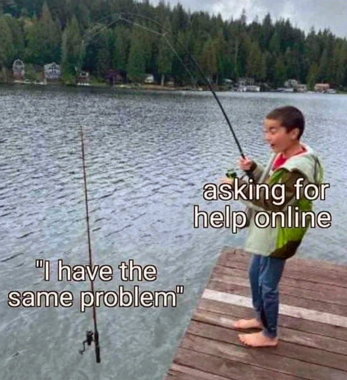 Asking for help online, I have the same problem Мальчик ловит рыбу в озере, а в его руках удочки, символизирующие поиск помощи в интернете и ответ, что у кого-то такая же проблема.