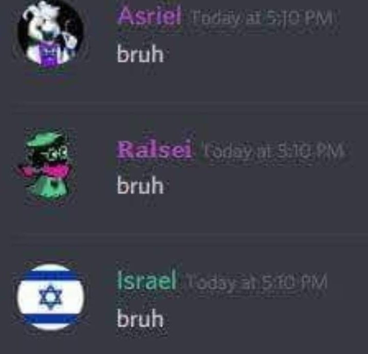 Asriel Ralsei Israel bruh Discord Переписка в Дискорде, где сначала Азриэль пишет «bruh», затем Ральзеи пишет «bruh», а потом Израиль пишет «bruh».