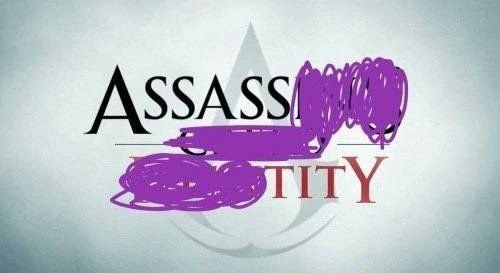 Assassin Tity Перерисованный логотип Assassin's Creed, где большая часть надписи закрашена фиолетовым, а видны только буквы «ASSASSIN» и «TITY»