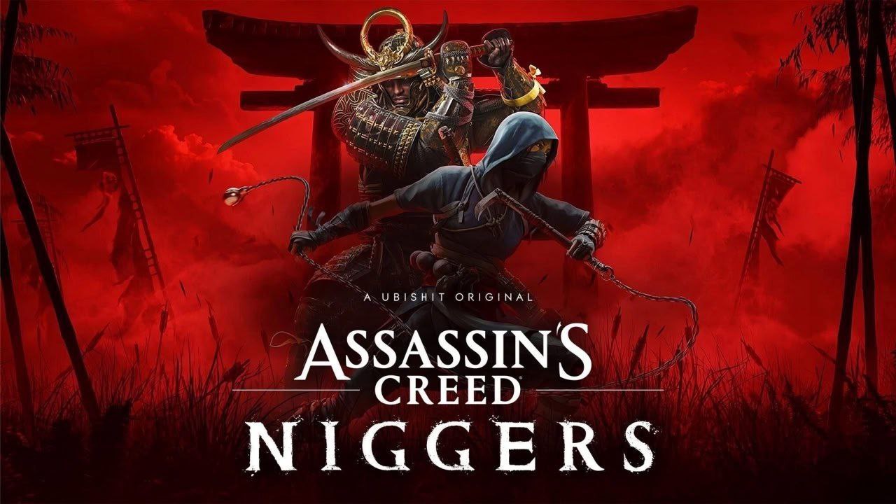 Assassin's Creed N hrs Постер Assassin's Creed, на котором изображены самурай и ниндзя на красном фоне, и расистское слово