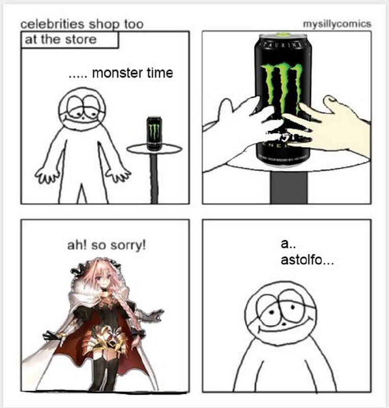 Астольфо и Monster Energy Человек с круглым лицом пытается взять банку энергетика Monster, но его опережает Астольфо из Fate/Grand Order.