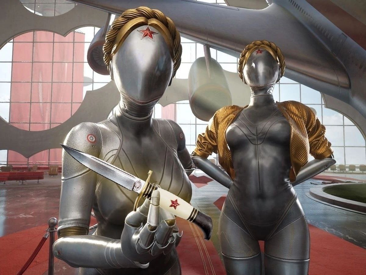 Балерины Atomic Heart с ножом Две балерины-андроида из игры Atomic Heart, одна из которых держит нож с красной звездой на рукояти