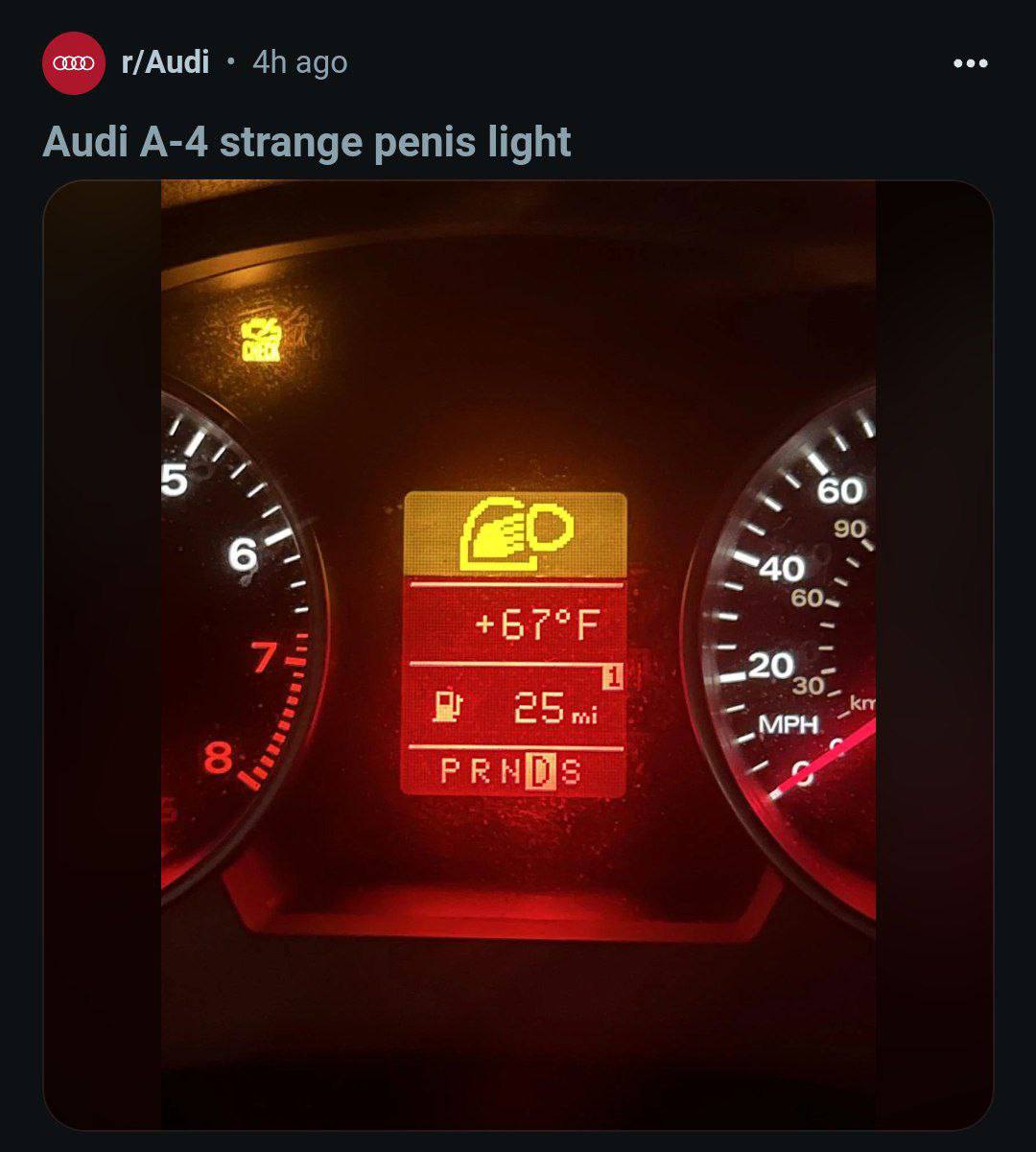 Audi A4 странная лампочка пениса Приборная панель Audi A4 со странным индикатором, который похож на пенис с каплей.