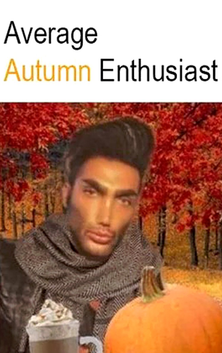 Average Autumn Enthusiast Гигачад на фоне осеннего леса с тыквой и напитком, подпись "Average Autumn Enthusiast"