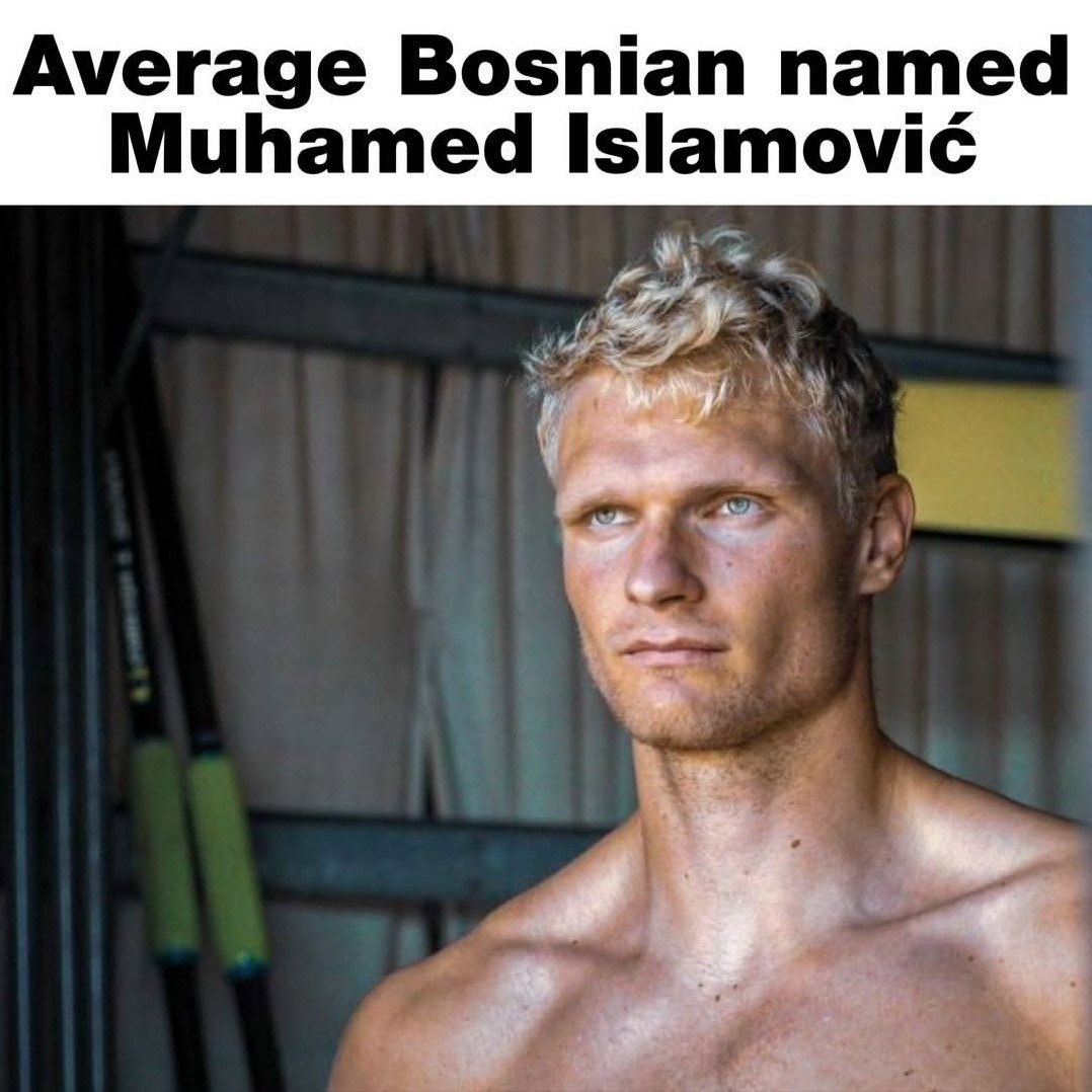 Светловолосый спортивный парень с подписью «Average Bosnian named Muhamed Islamović»