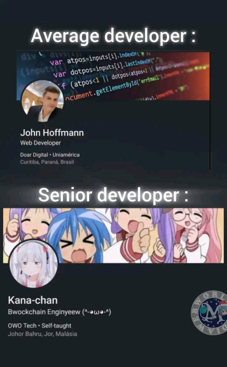 Сравнение профилей среднего и старшего разработчика с использованием аниме-персонажей и мема OWO
