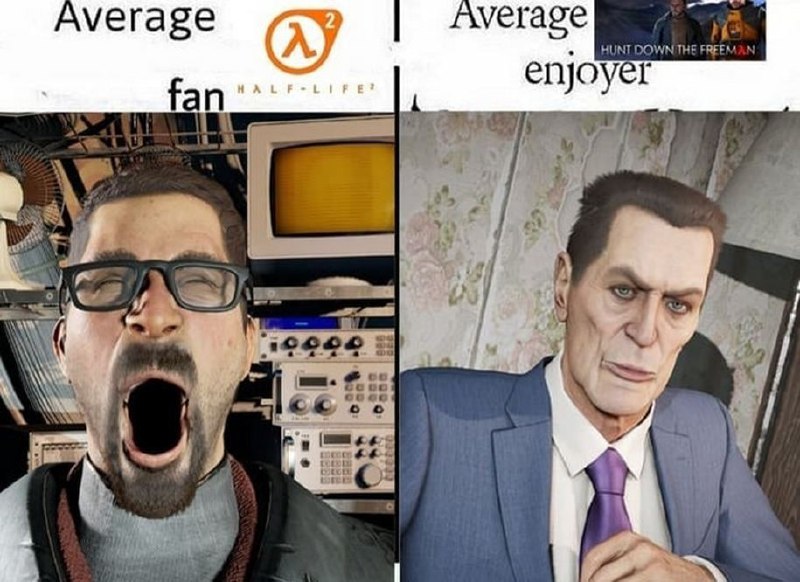 Average fan Half-Life average enjoyer Hunt Down The Freeman Мем с Гордоном Фрименом и G-Man, сравнивающий фаната Half-Life и ценителя Hunt Down The Freeman. На левой части изображения Гордон Фримен с открытым ртом и закрытыми глазами, как будто он кричит или зевает, а на правой части — G-Man с серьезным и скептическим выражением лица.