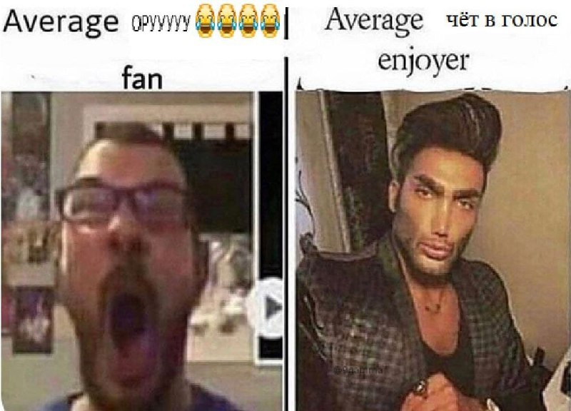 Average fan vs Average enjoyer Мем сравнивает «среднего фаната», который чрезмерно эмоционально реагирует, с «средним ценителем» (Гигачадом), который выражает спокойное превосходство.