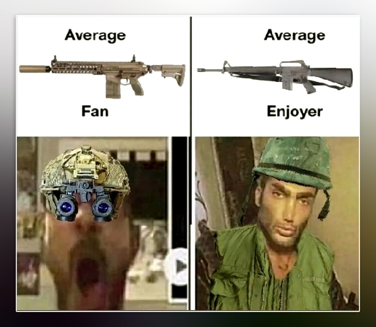 Average fan vs average enjoyer Мем про сравнение фаната современных гаджетов со старым ценителем военного снаряжения