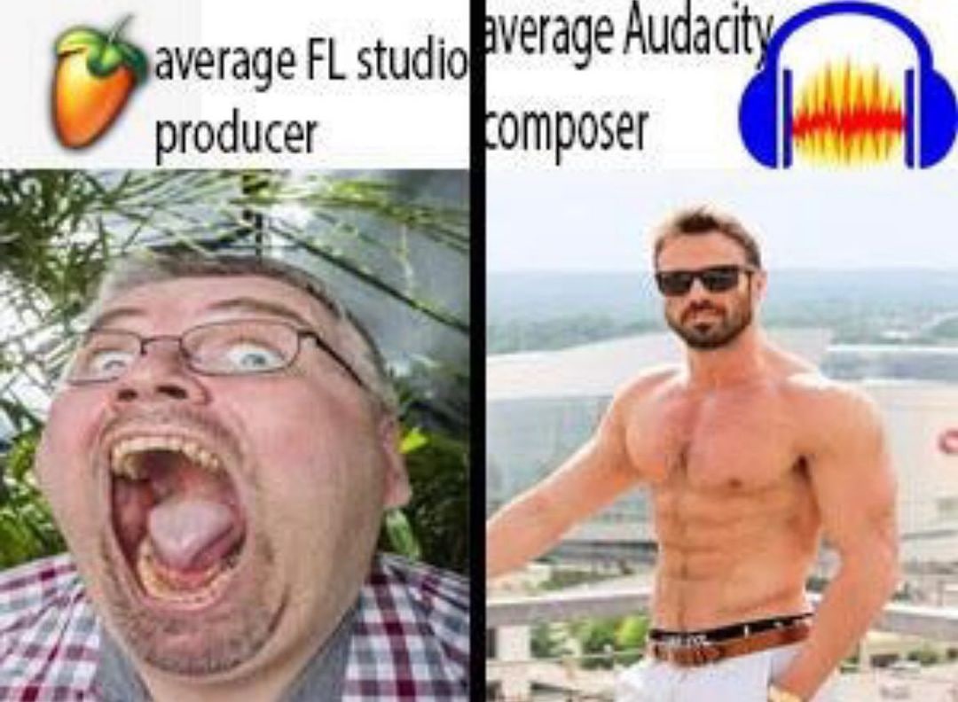 Average FL Studio producer vs average Audacity composer Сравнение стереотипных образов продюсера FL Studio и композитора Audacity, где продюсер FL Studio изображен как толстый, кричащий человек, а композитор Audacity — как накачанный, уверенный в себе мужчина.