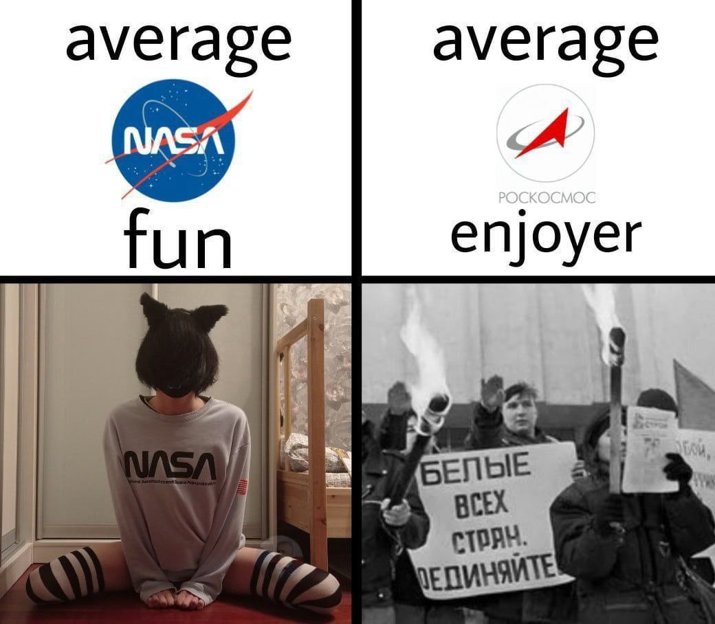 Сравнение «среднего веселья» (NASA) и «среднего наслаждающегося» (Роскосмос) через образы человека в свитшоте NASA и людей с факелами и плакатами.
