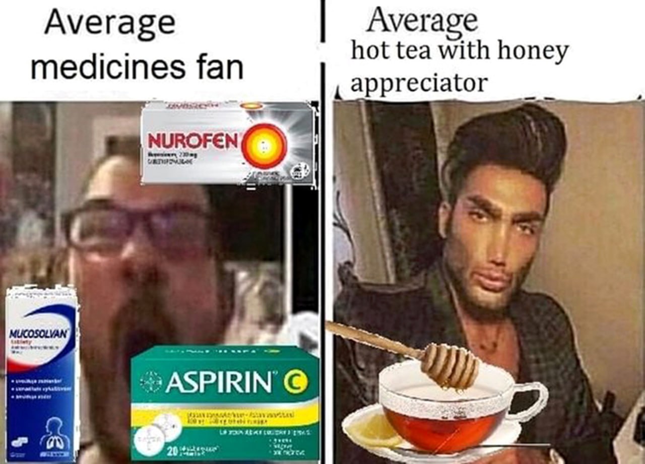 Average medicines fan vs hot tea with honey appreciator Сравнение любителей традиционной медицины (лекарств) и народных средств (горячий чай с медом) для лечения болезней, где фанат таблеток выглядит комично, а сторонник чая — уверенно и привлекательно. Мем Average medicines fan vs hot tea with honey appreciator.
