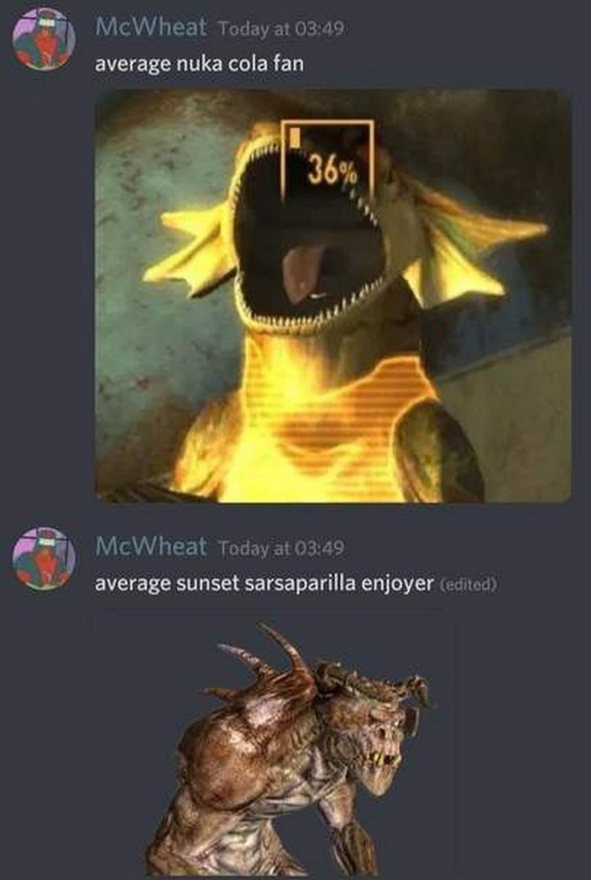 Average nuka cola fan vs average sunset sarsaparilla enjoyer Мем со сравнением фанатов Nuka-Cola и Sunset Sarsaparilla из игры Fallout, представленных в виде игровых монстров.