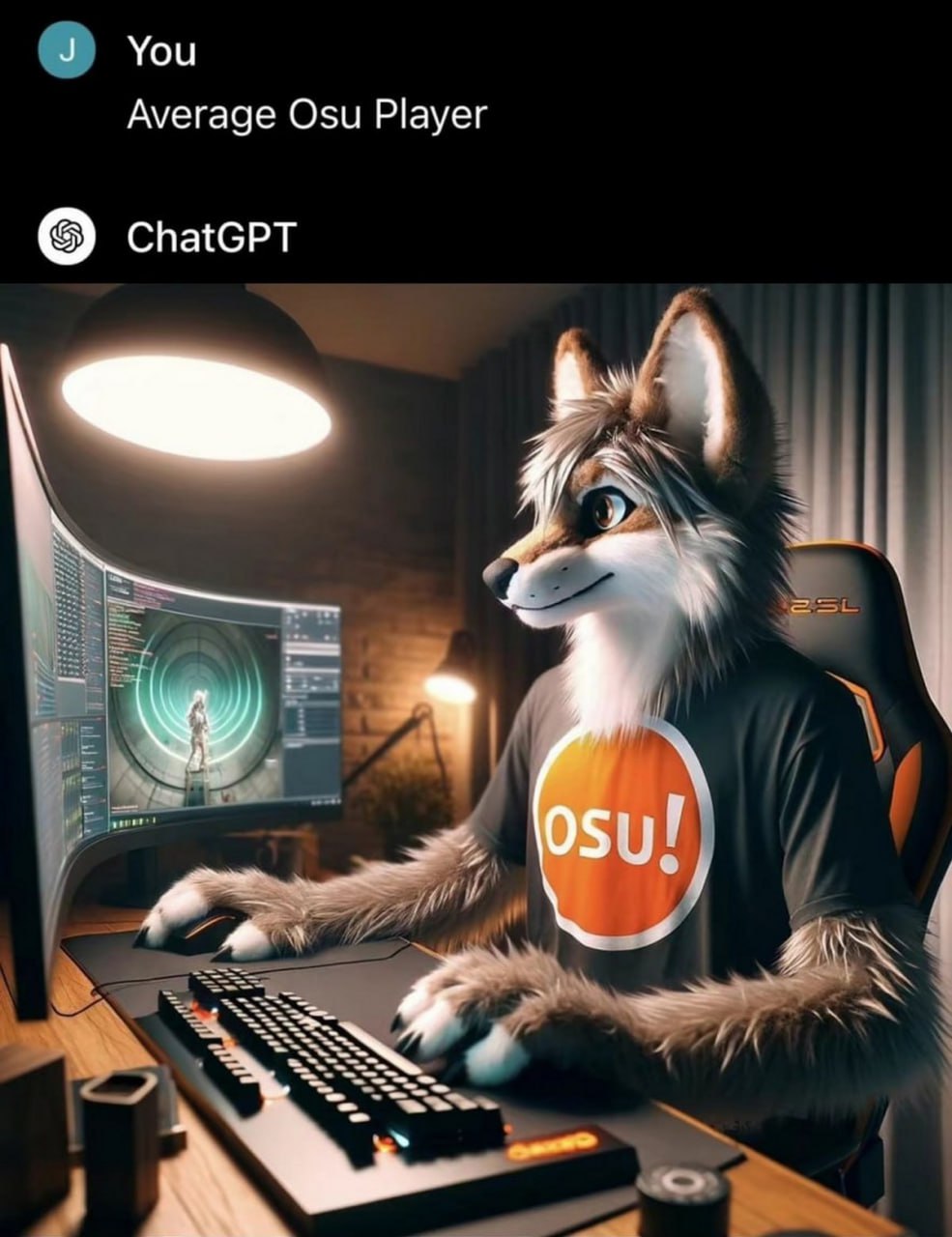 Average Osu Player ChatGPT фурри Мем с фурри в майке osu! за компьютером в ответ на запрос об "Average Osu Player" от ChatGPT.