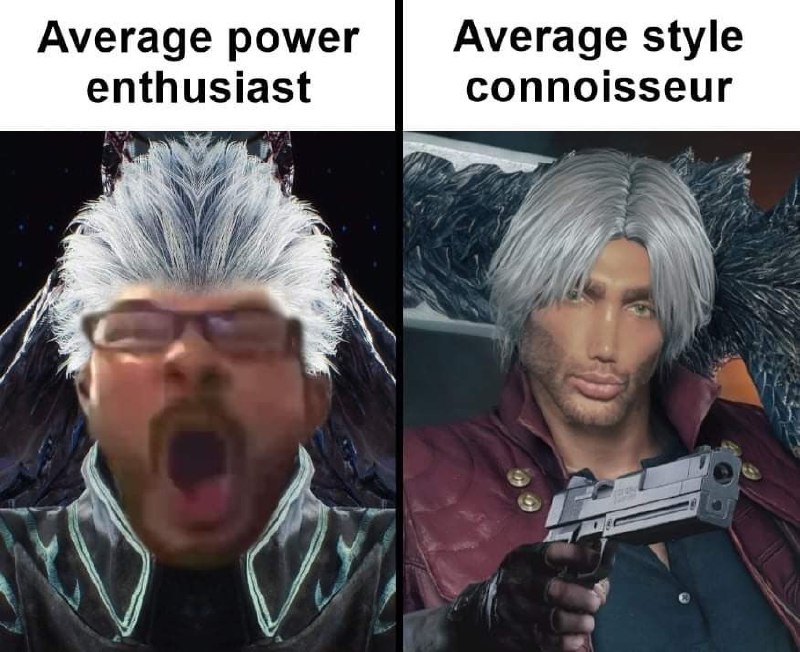 Average power enthusiast vs Average style connoisseur Мем с двумя персонажами, один из которых
выглядит как «средний любитель силы», а другой как «средний ценитель стиля».