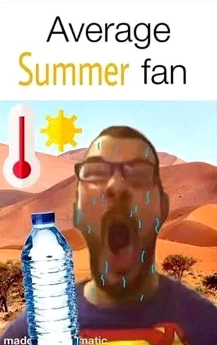 Average Summer fan Мужчина страдает от жары в пустыне и хочет пить, рядом бутылка воды и термометр