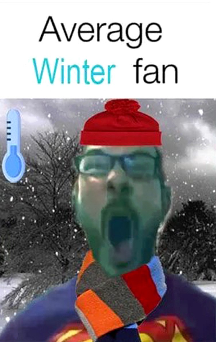 Average winter fan Мем «Average winter fan» с человеком в шапке, шарфе и с открытым ртом на фоне зимнего пейзажа со снегом и термометром.