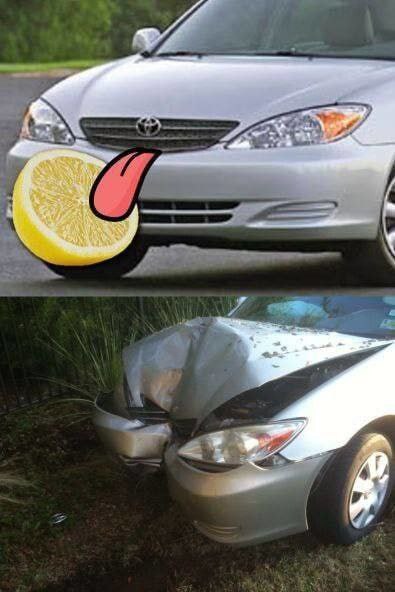 Автомобиль обнимает лимон Автомобиль Toyota Camry до и после "объятий" лимона