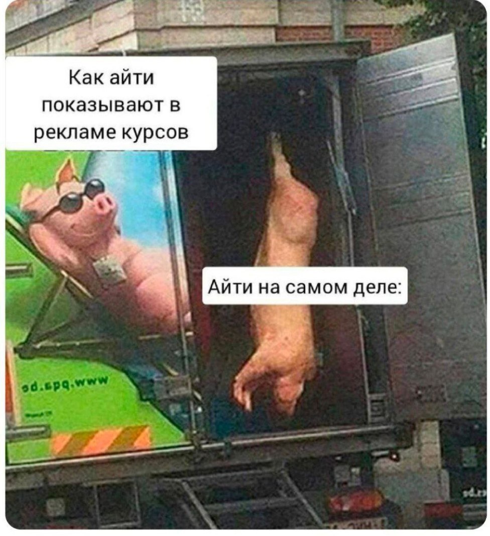 Айти на самом деле Мем "Айти на самом деле" показывает контраст между завышенными ожиданиями от работы в IT-сфере, создаваемыми рекламными курсами, и суровой реальностью, сравнивая ее с разделанной свиньей, висящей в грузовике.