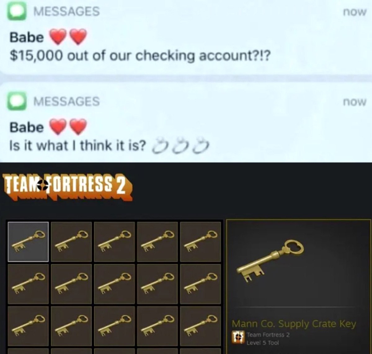 Babe, is it what I think it is? Мем про траты в Team Fortress 2 и вопросы от "Babe" о 15 000 долларов на ключи Mann Co. Supply Crate Key
