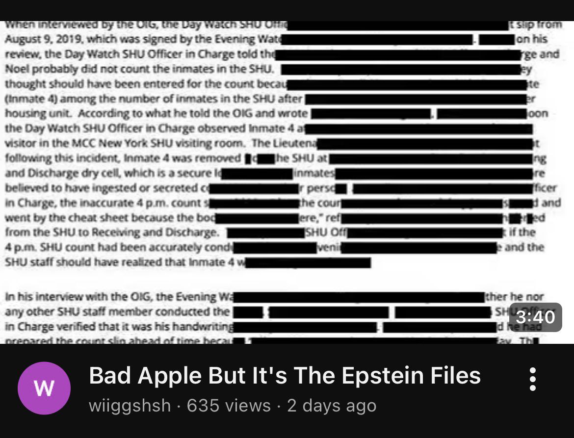 Скриншот документа из "файлов Эпштейна" с зацензуренным текстом и заголовком видео "Bad Apple But It's The Epstein Files".