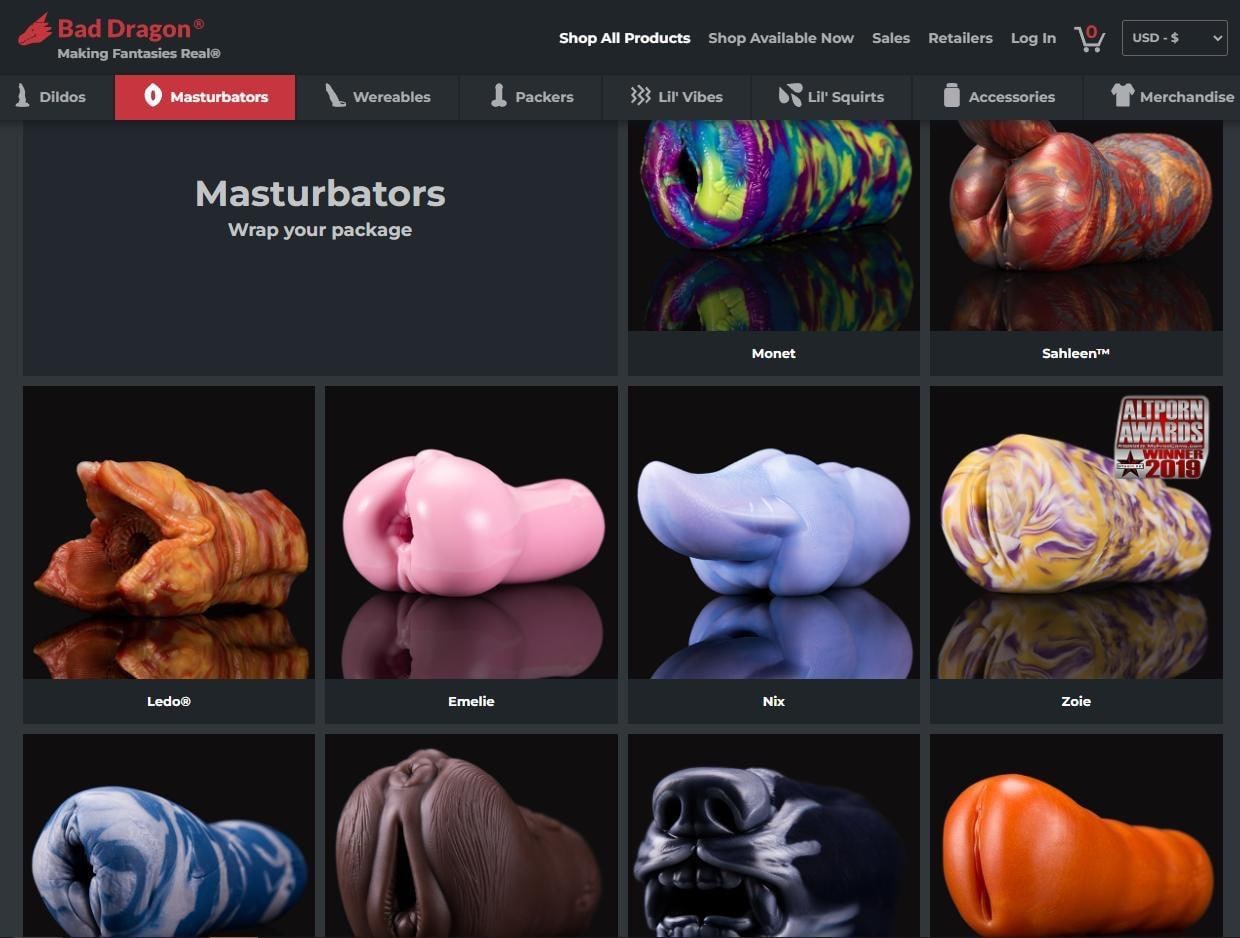 Мастурбаторы Bad Dragon Веб-страница интернет-магазина Bad Dragon с категорией мастурбаторов, представляющих собой имитации различных фантастических существ и частей тела