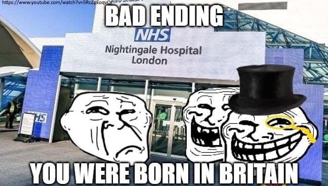 Bad Ending You Were Born in Britain Мем Bad Ending You Were Born in Britain с тремя троллфейсами на фоне госпиталя Найтингейл в Лондоне