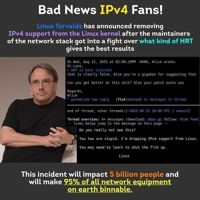 Сатирическая новость об удалении поддержки IPv4 из Linux и катастрофических последствиях для всего сетевого оборудования.