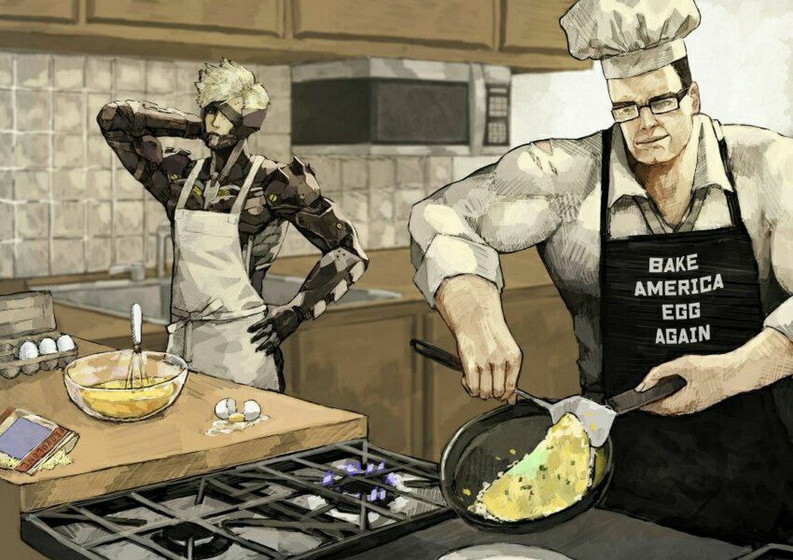 Bake America Egg Again Мем с двумя поварами на кухне: слева стоит киборг Райден в фартуке, а справа — мускулистый Стивен Армстронг в фартуке с надписью «Bake America Egg Again», готовящий яичницу на сковороде.